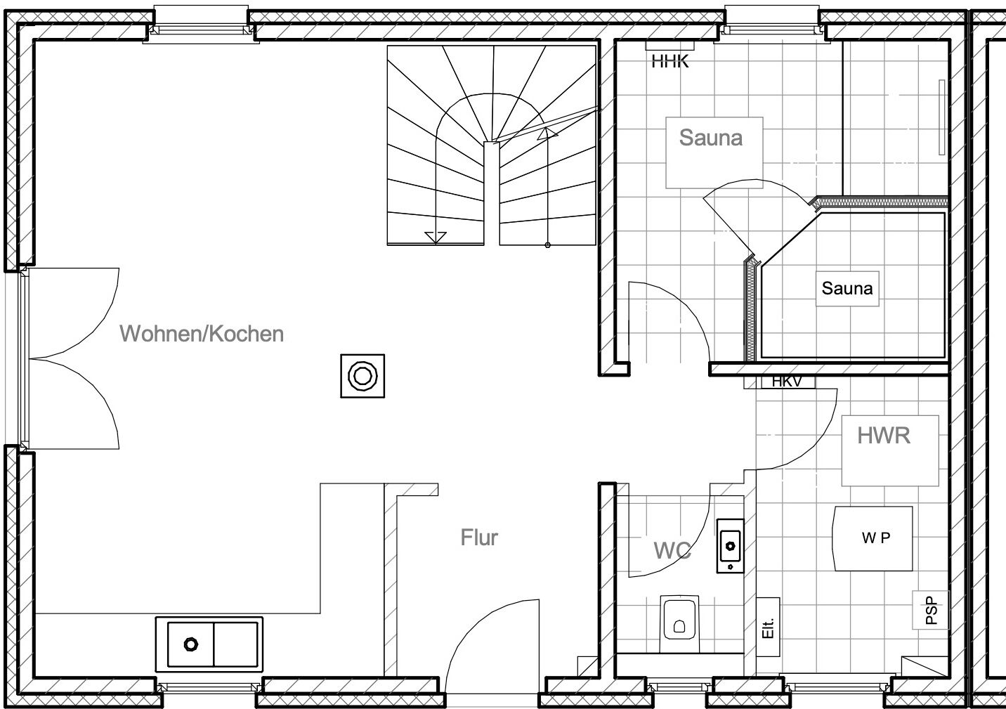 Een plattegrond met een woonkamer, twee sauna's, een keuken, een badkamer en een gang.