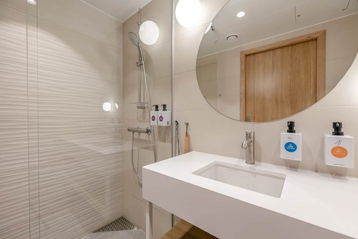 standard twin room, non smoking | bathroom | shower, free toiletries, towels, soap