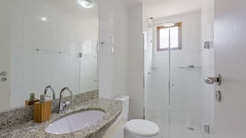 Shower, towels, toilet paper