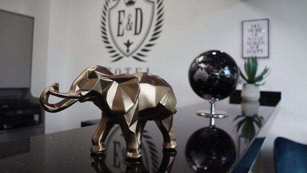 Una figura d'elefant daurada sobre una superfície reflectant, amb un logotip i text a la paret de darrere.