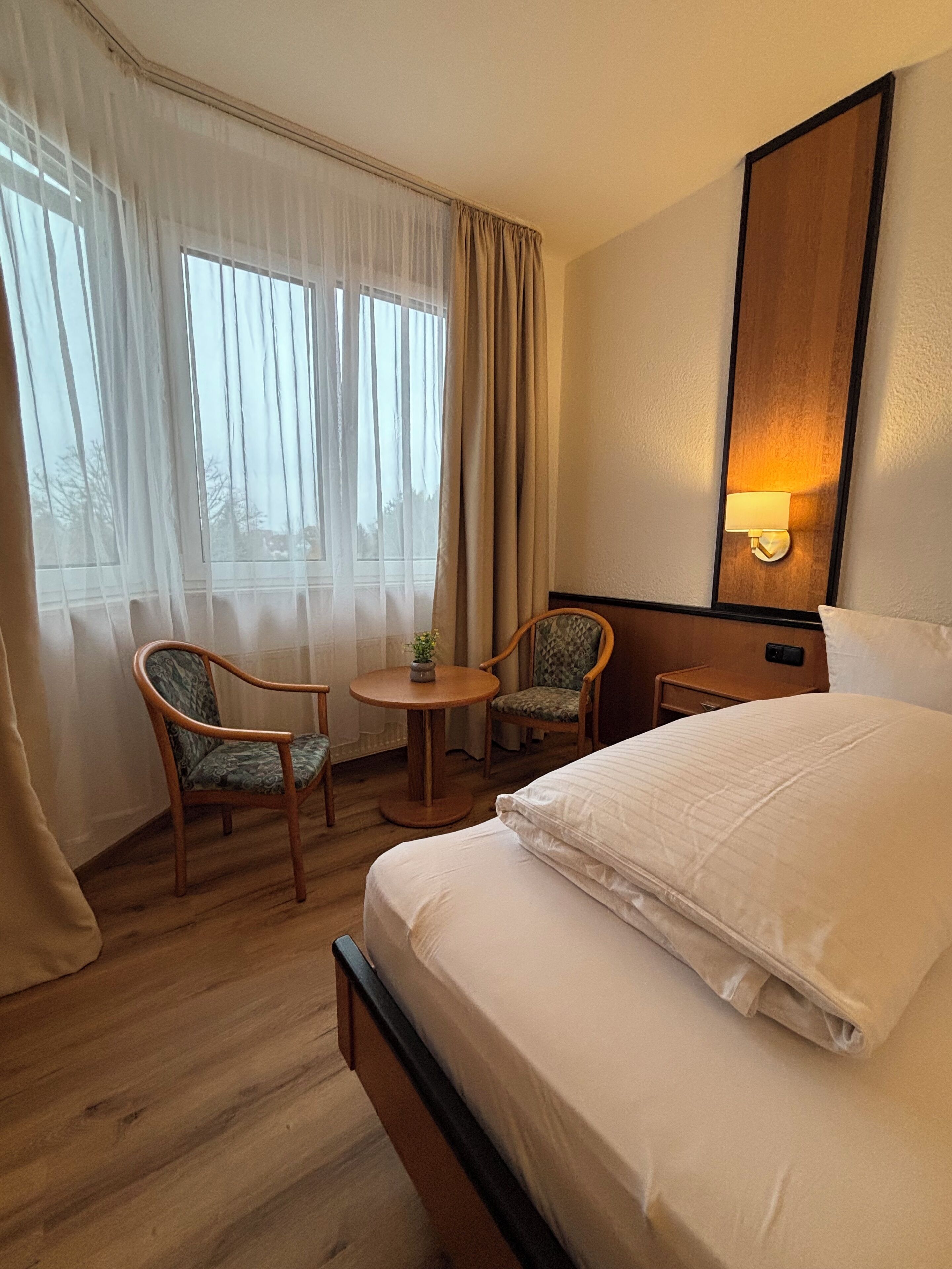 Ein Hotelzimmer mit einem Bett, zwei Stühlen, einem kleinen Tisch mit Pflanze, einem Nachttisch und einer Wandlampe.