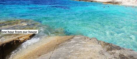 On the beach, sun-loungers