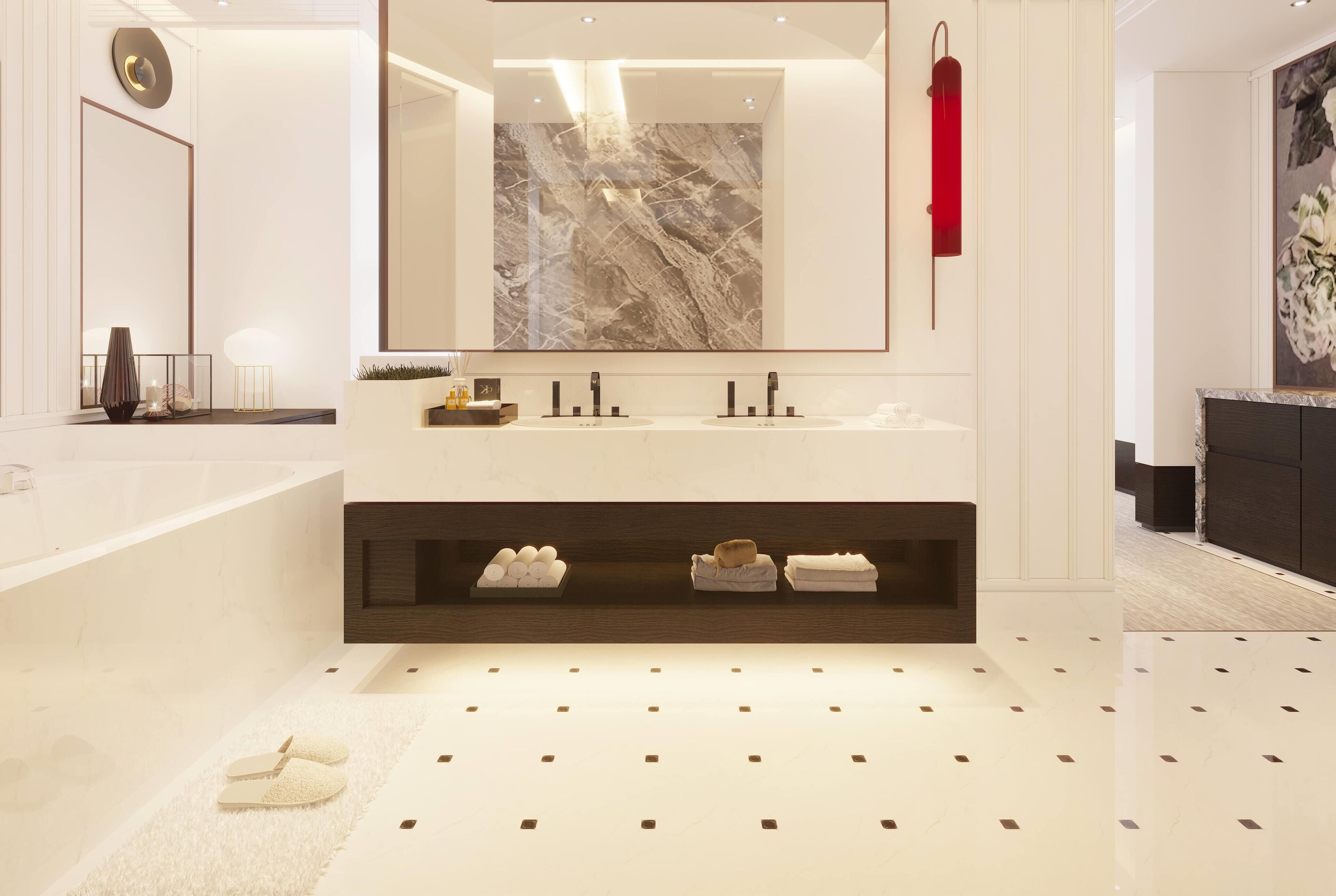 Separate tub and shower, deep soaking tub, rainfall showerhead