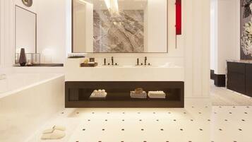 Separate tub and shower, deep soaking tub, rainfall showerhead