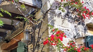A building with a stone facade, a green door, and red flowers. - Traditional Cretan stone cottage on the semi-rural outskirts of Kefalas, Vamos (Kefalas)