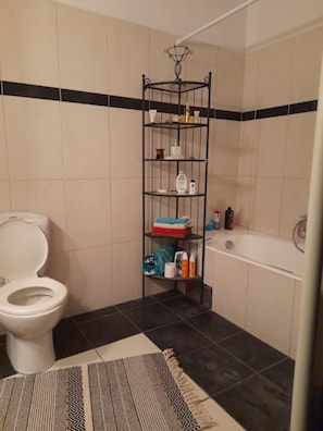 Ein Badezimmer mit Toilette, Ablagefach für Toilettenartikel und einer Badewanne.