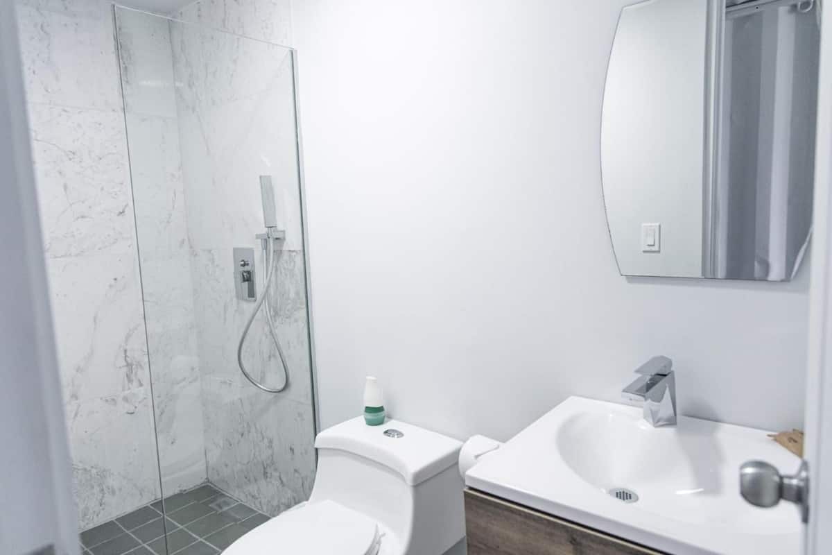 shower, rainfall showerhead, towels