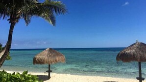 Een strand met helder turquoise water, twee rieten parasols en een palmboom.