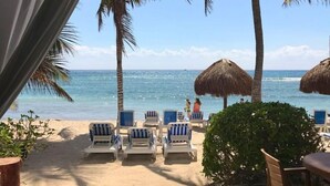 Vista de una playa con sillas de descanso y sombrillas, palmeras y cielo despejado.