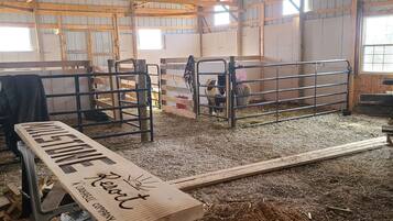 A stable interior with metal gates, hay bales, and a wooden trough labeled "LUMINE".