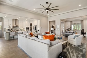 Smart TV, fireplace, DVD player, music library