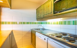 A compact kitchen with a dishwasher, stove, and green-striped backsplash. - Residence Le Beauregard - Vacanceole (La Léchère)