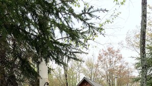 Una cabaña con un ventanal grande, una terraza y una chimenea.