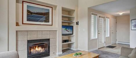 Tv, eldstad, dvd-spelare och en stereo