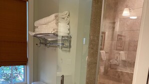 Een badkamer met toilet, douchecabine en handdoekrek.