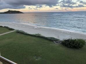 On the beach, sun-loungers, beach towels