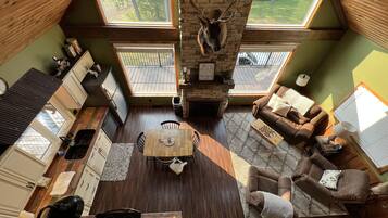 Smart TV, fireplace, books