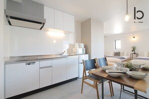 Fridge, microwave, stovetop, cookware/dishes/utensils - b hotel 802 Central Inner-Side Comfort Studio (Hiroshima City)
