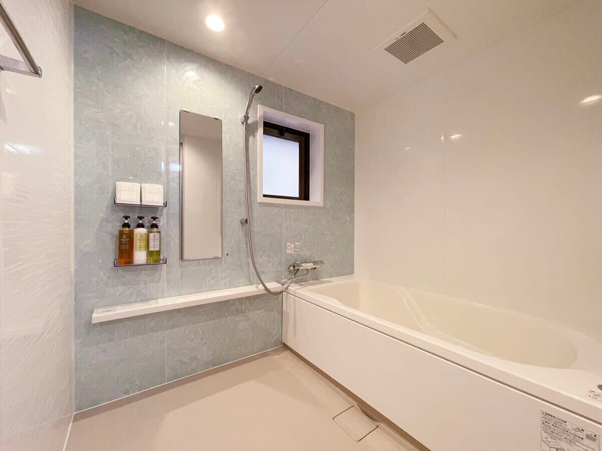 Bathtub, hair dryer, towels, soap