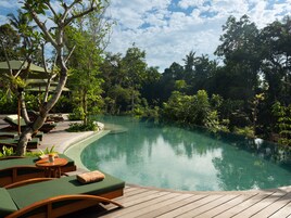 Un área de piscina tranquila con sillones de descanso y una terraza de madera, rodeada de exuberante vegetación y árboles.