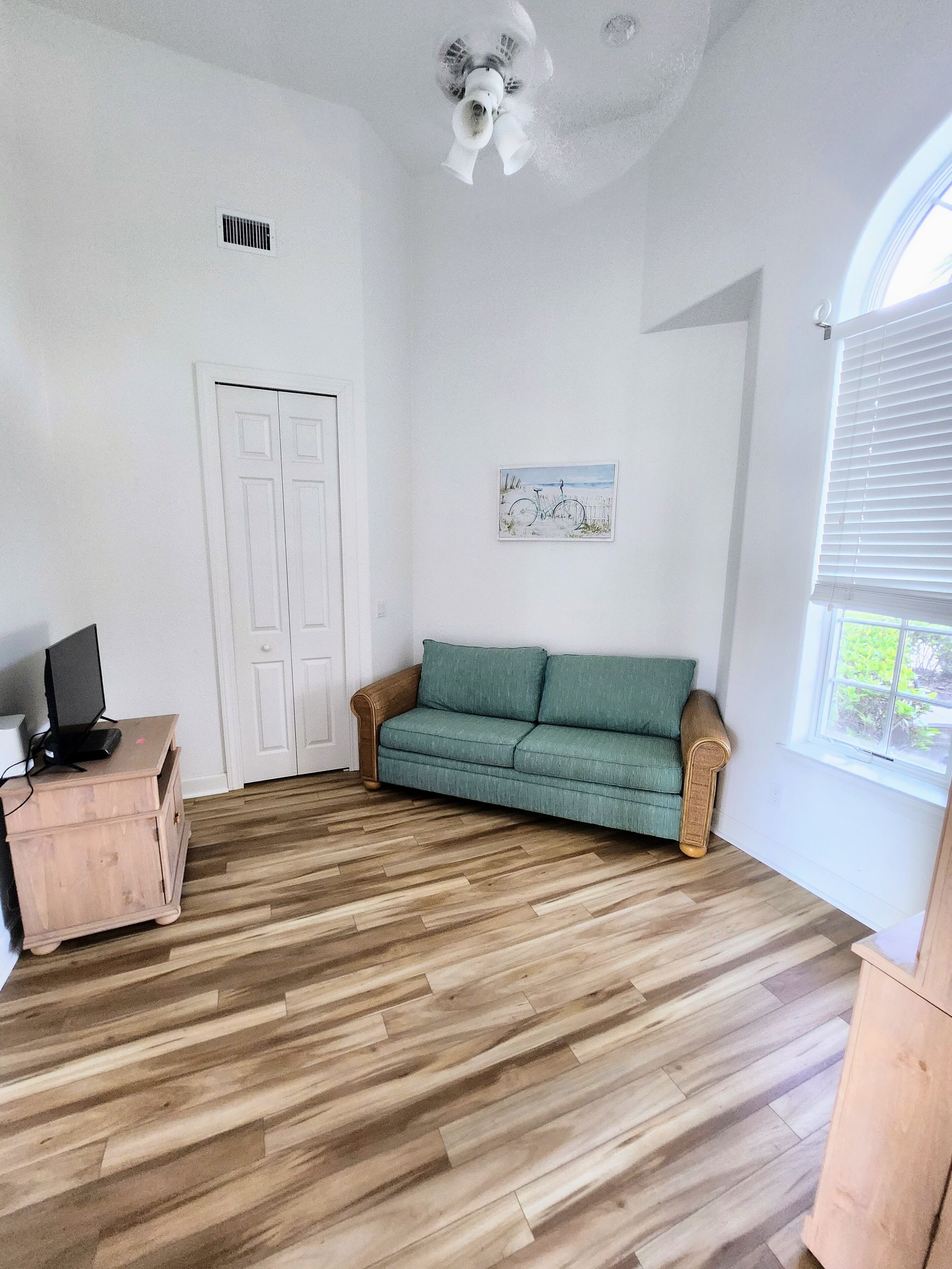 Une pièce avec un plancher en bois, un canapé vert, une porte blanche et une fenêtre avec des stores.