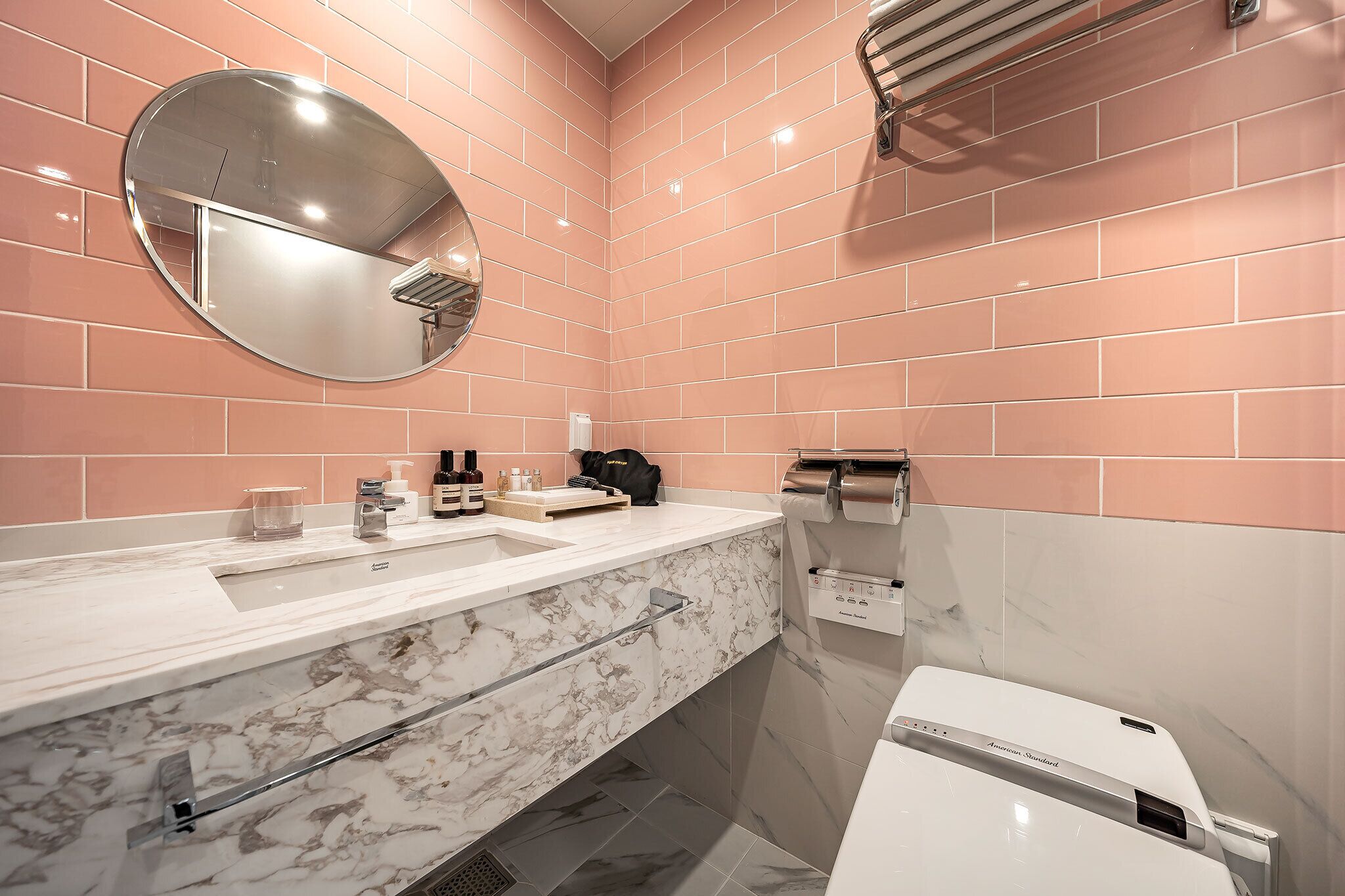 separate bathtub and shower, designer toiletries, hair dryer, bathrobes