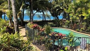 A pool surrounded by tropical plants and palm trees, with a view of the ocean. - Stay at 'Banfield 4' (Wongaling Beach)