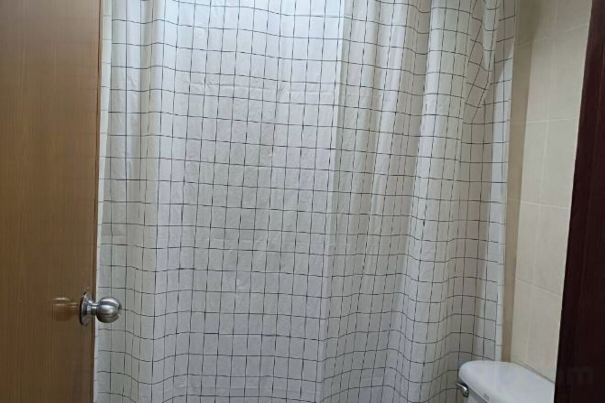 A bathroom with a grid-patterned shower curtain, a toilet, and a wooden door.
