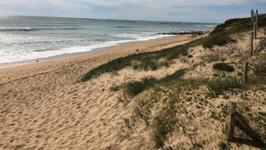 Ein Sandstrand mit sanften Wellen, blauem Himmel und etwas Vegetation.