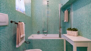 Combined shower/bathtub, hair dryer, bidet, towels