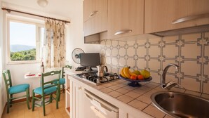 Una cocina con estufa a gas, un lavamanos, una ventana con cortinas y un cuenco de fruta sobre la encimera.