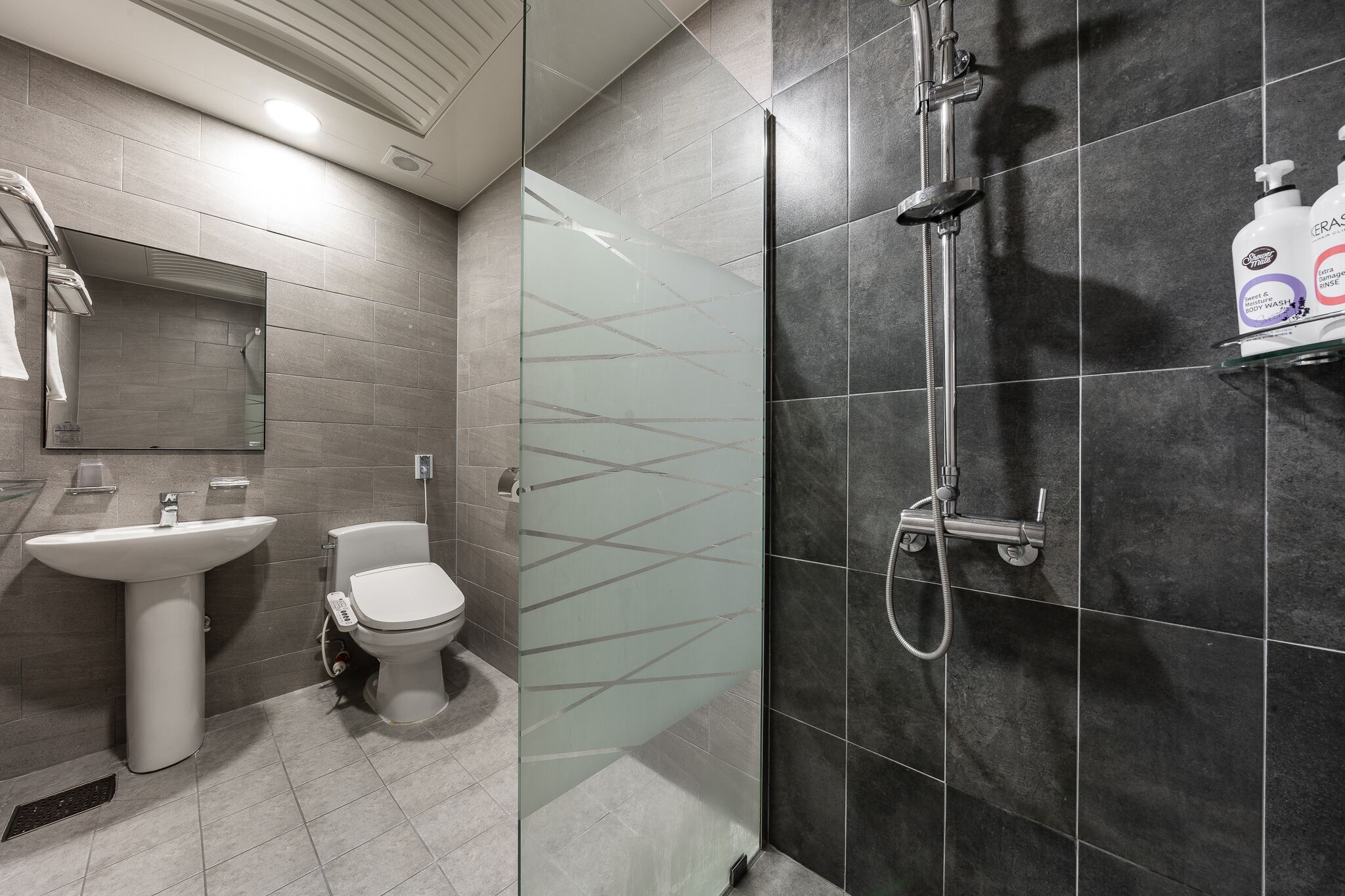 A modern bathroom with a glass shower enclosure, a toilet, and a sink.