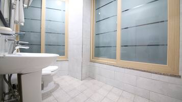 A bathroom with a white sink, toilet, and frosted glass windows.
