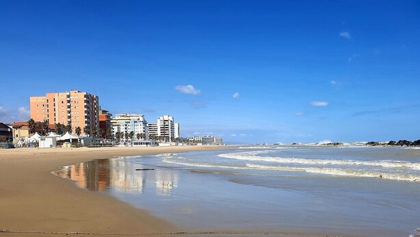 Une plage avec un rivage sablonneux, un ciel bleu dégagé et des bâtiments en arrière-plan.