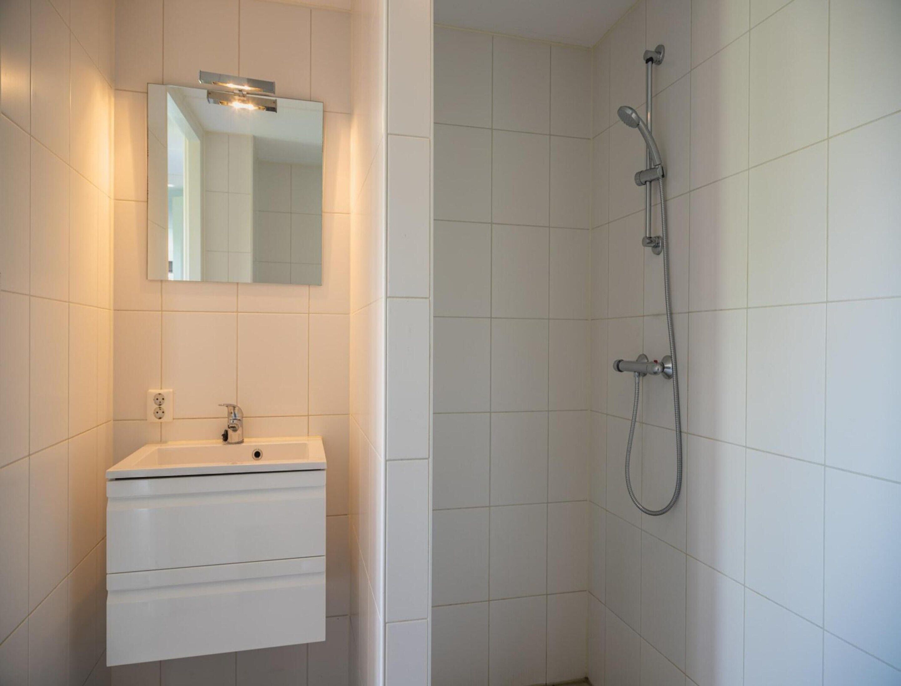 Une salle de bain avec un lavabo blanc, un miroir et une douche.