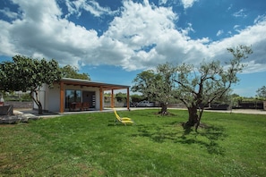 Ein modernes Haus mit überdachter Terrasse, Rasen und Baum.
