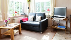 A cozy living room with a black sofa, a wooden coffee table, a TV on a wooden stand, and a window with curtains. - Attractive Apartment in Bettenfeld With Garden (Bettenfeld)