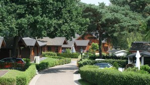 Un quartier résidentiel avec une allée incurvée menant à une rangée de maisons aux toits en pente.