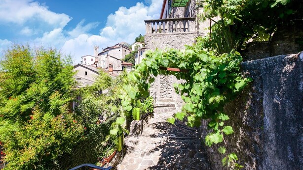 A stone staircase leading up to a building with a balcony, surrounded by greenery and a clear blue sky. - Farmhouse in Casoli Near Ski Slopes (Bagni di Lucca)