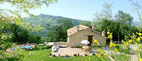 A stone house with a tiled roof, surrounded by a garden with a pool, outdoor furniture, and yellow flowers.