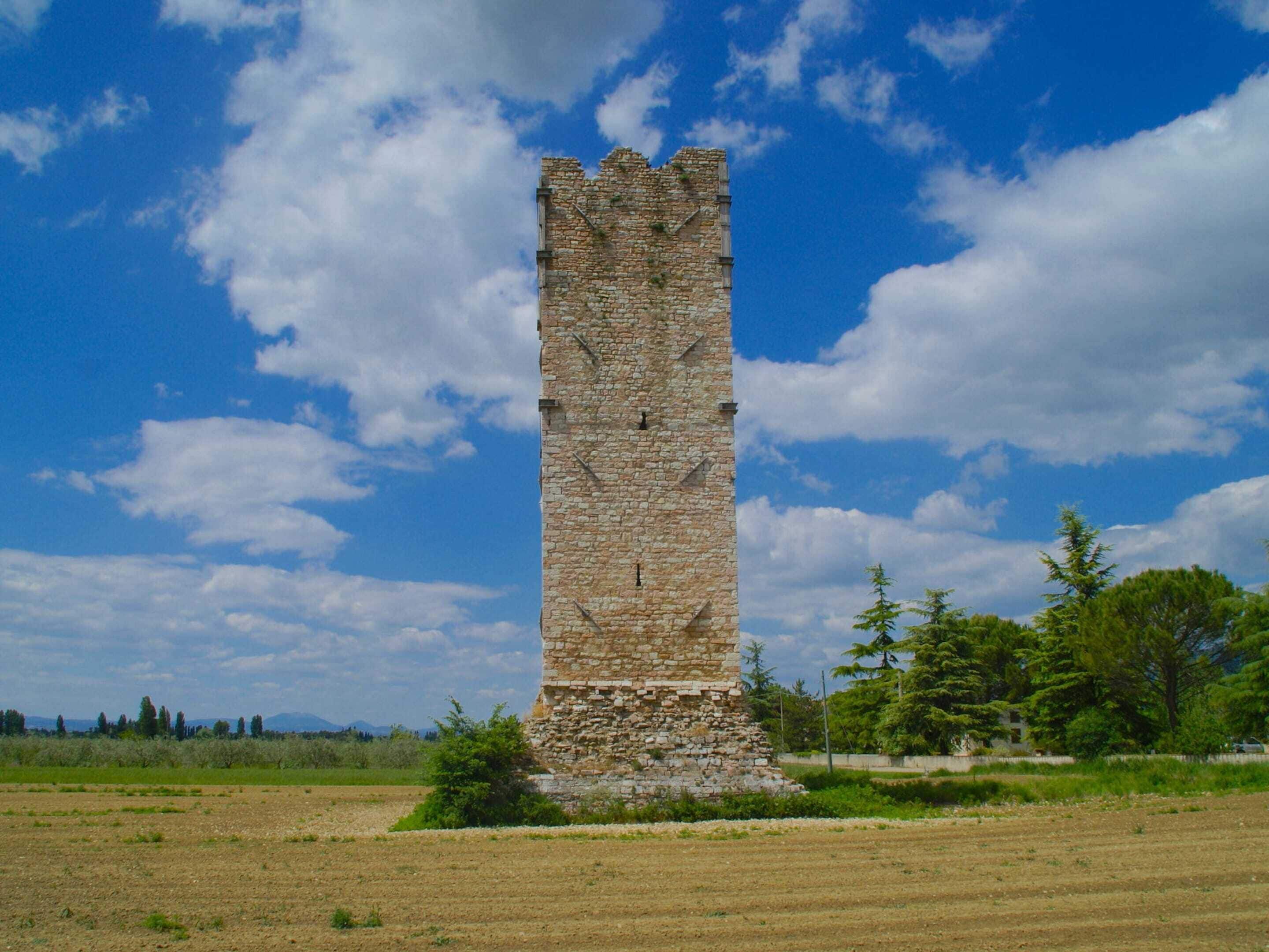 A tall, narrow stone tower with a weathered appearance, surrounded by open fields and sparse trees.