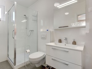 Combined shower/tub, hair dryer, towels