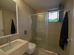 Shower, hair dryer, towels