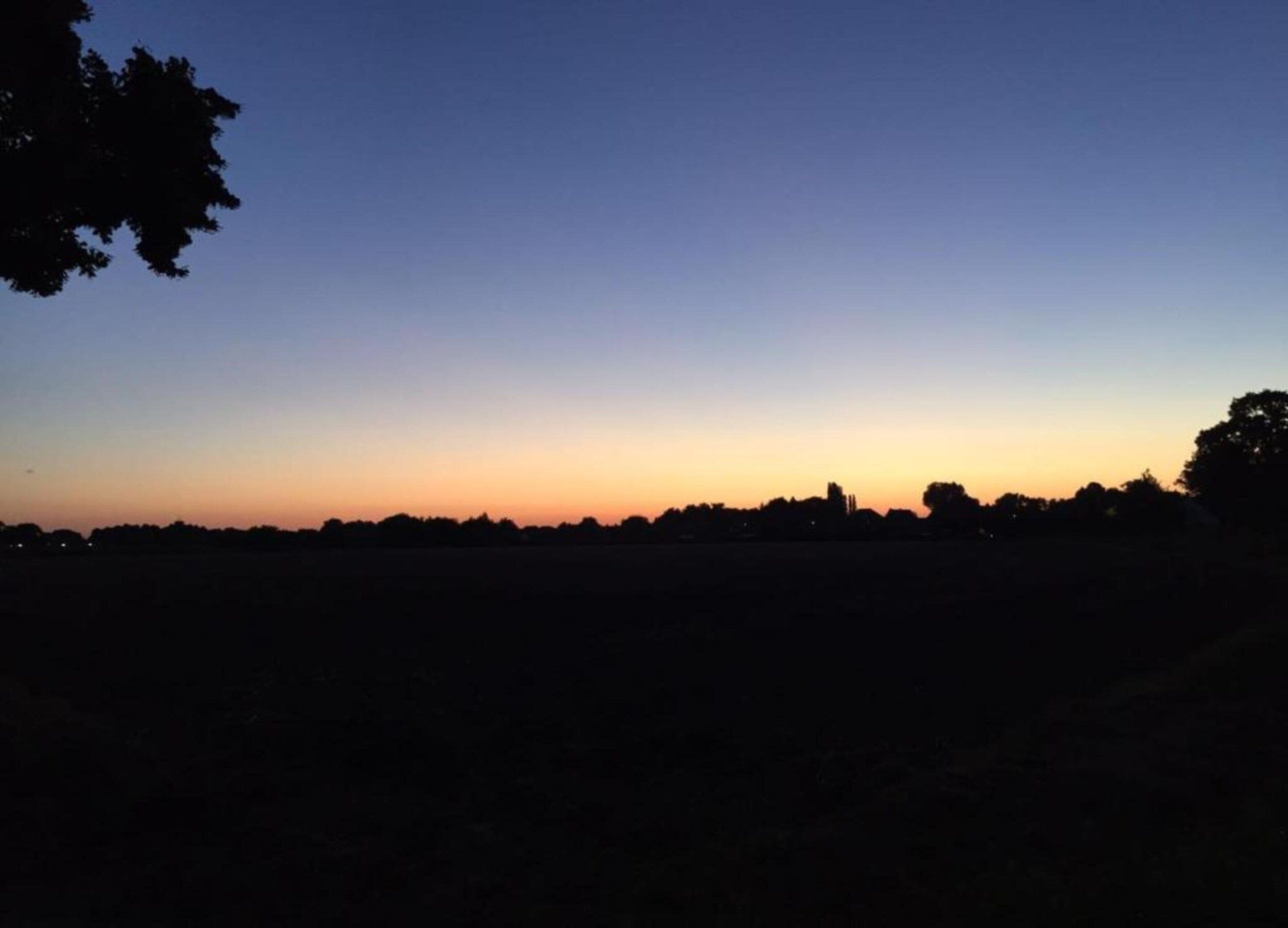 Un atardecer sobre una llanura con siluetas de árboles y edificios.