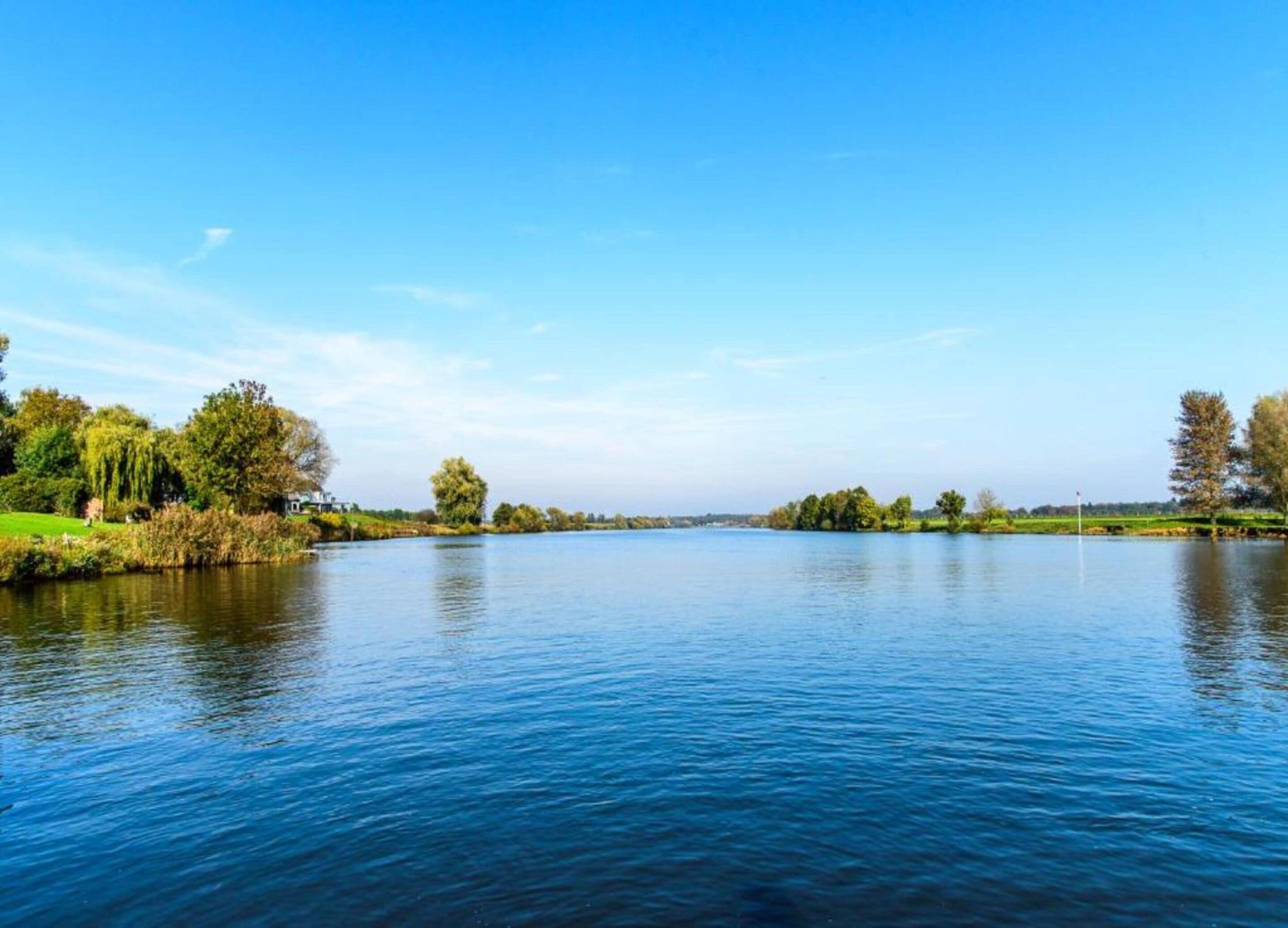 A calm river with trees and a grassy area on the banks.