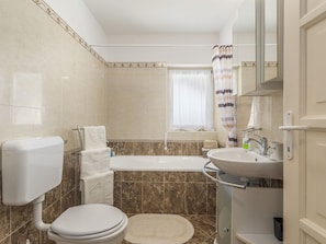 Shower, hair dryer, towels