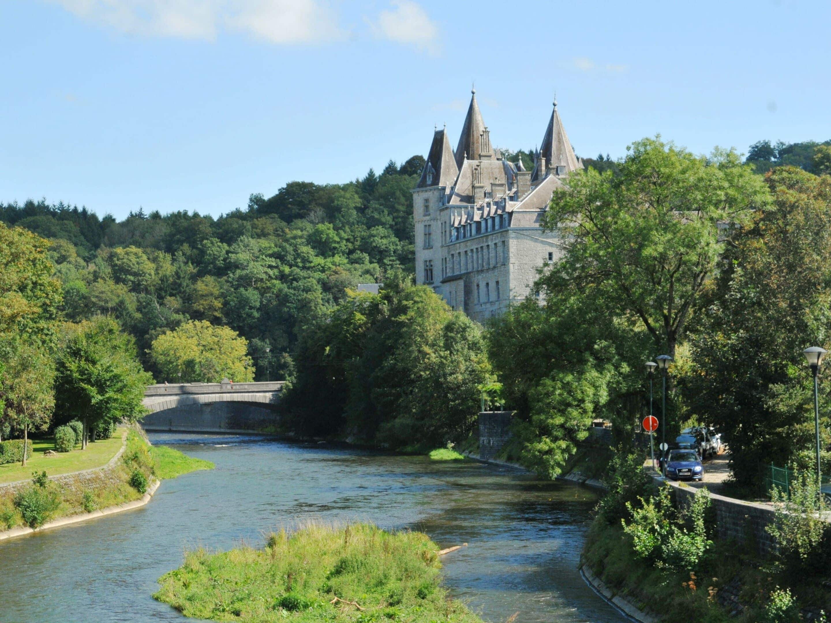 A castle with multiple spires, a river, and a bridge.