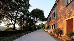 A gravel path leading to a brick building with a wooden door, surrounded by trees and potted plants. - Villa in Montemaggiore With Private Pool (Colli al Metauro)