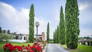 A pathway flanked by tall cypress trees and vibrant red and pink flowers, leading to a building with a white facade and a visible chimney. - Cozy Apartment With Terrace in Tuscany (Capannoli)