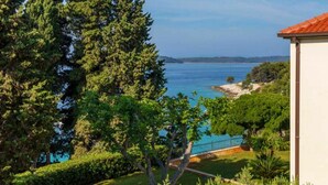 A coastal property with a view of the sea, a fenced swimming area, and lush greenery.
